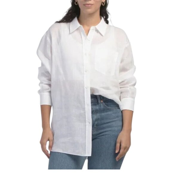 LAFAYETTE 148 NEW YORK White Linen Boyfriend Oversized Shirt With Pocket